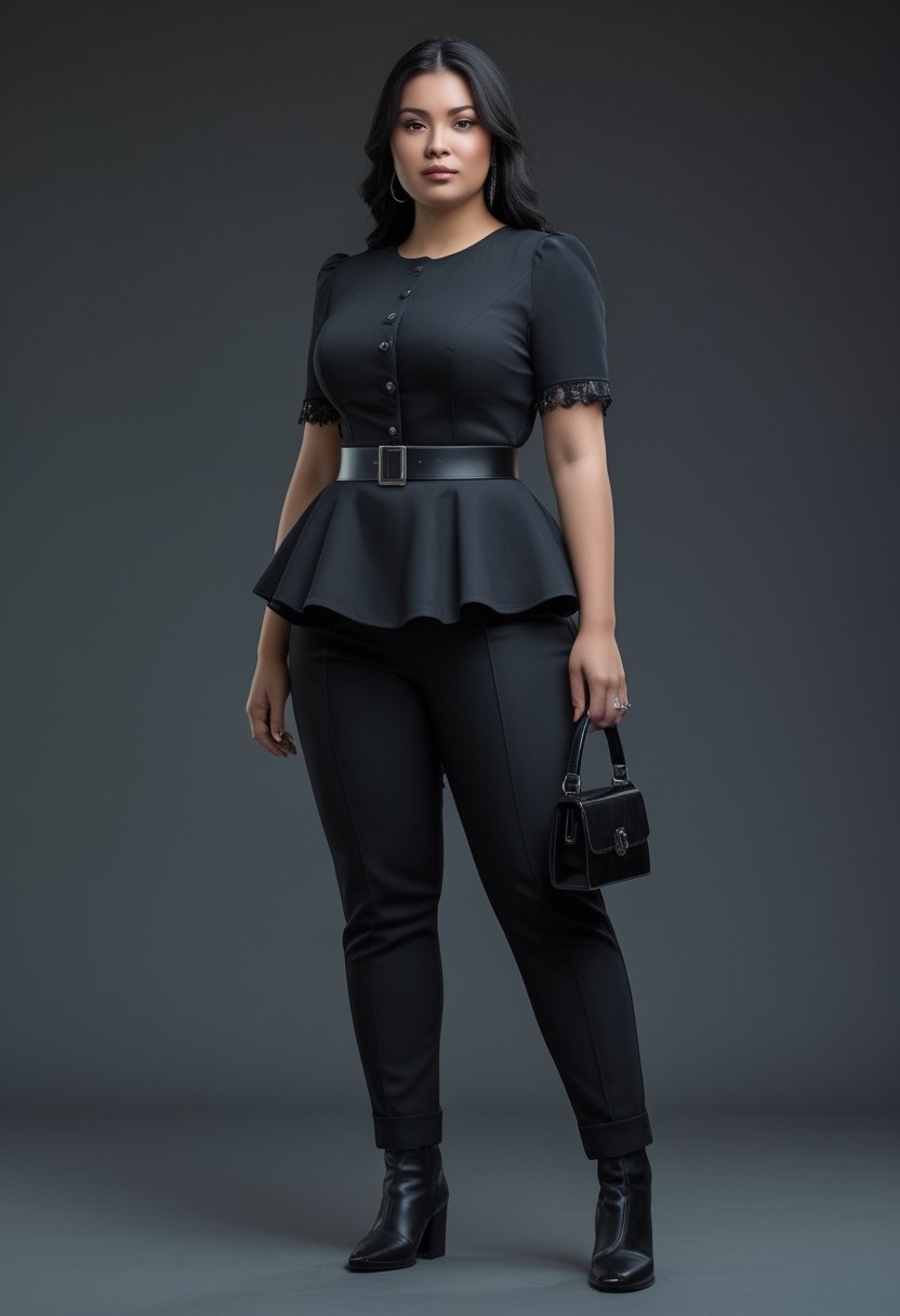 A plus-size woman wearing a black peplum top and high-waisted trousers stands in a studio.