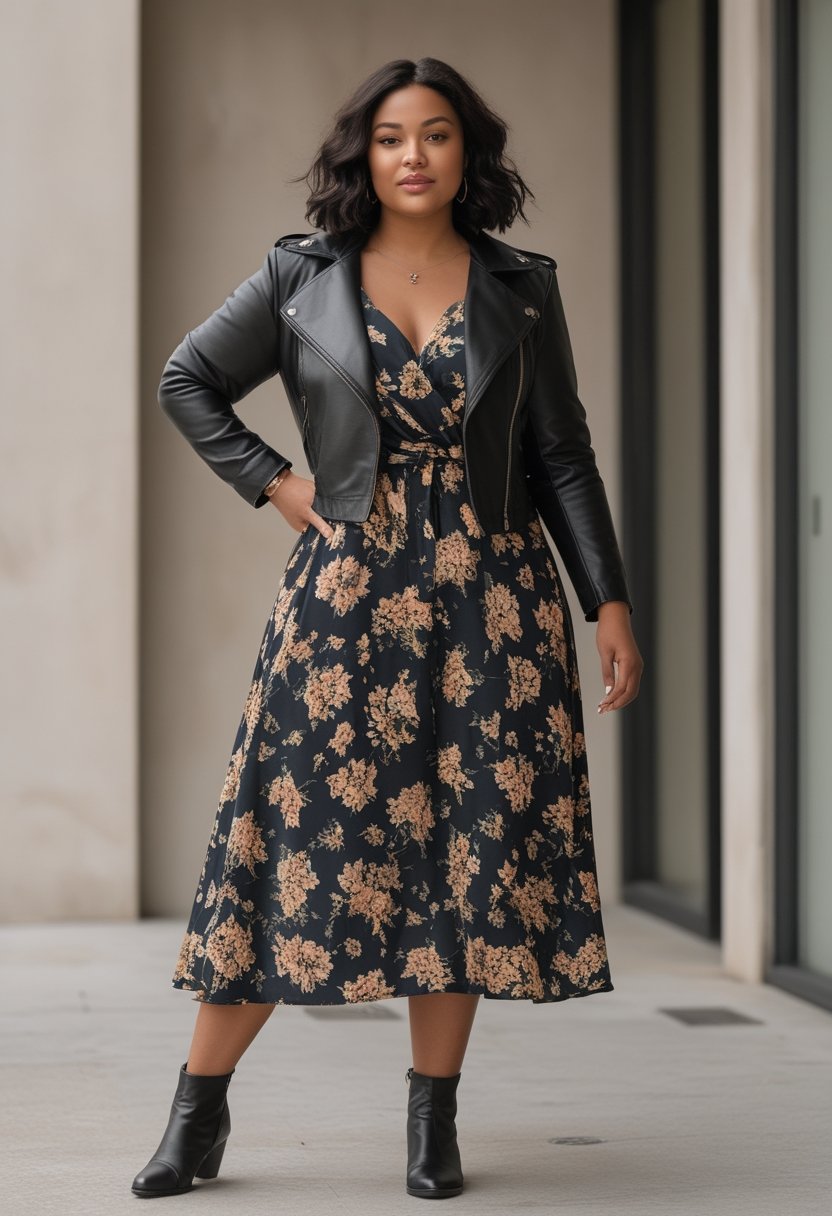 A plus-size woman wears a leather jacket over a floral midi dress while standing outdoors.