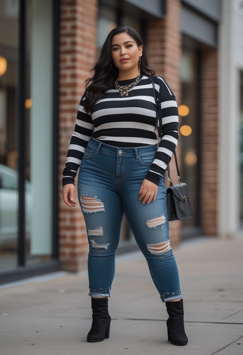 A plus-size woman wearing a striped long-sleeve shirt and ripped jeans stands outdoors.