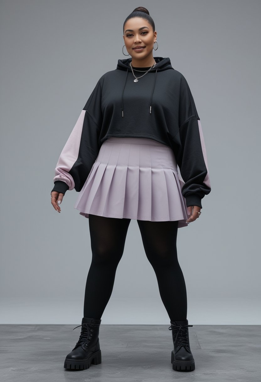 A plus-size woman wearing a black hoodie, pleated pastel skirt, tights, and platform boots.