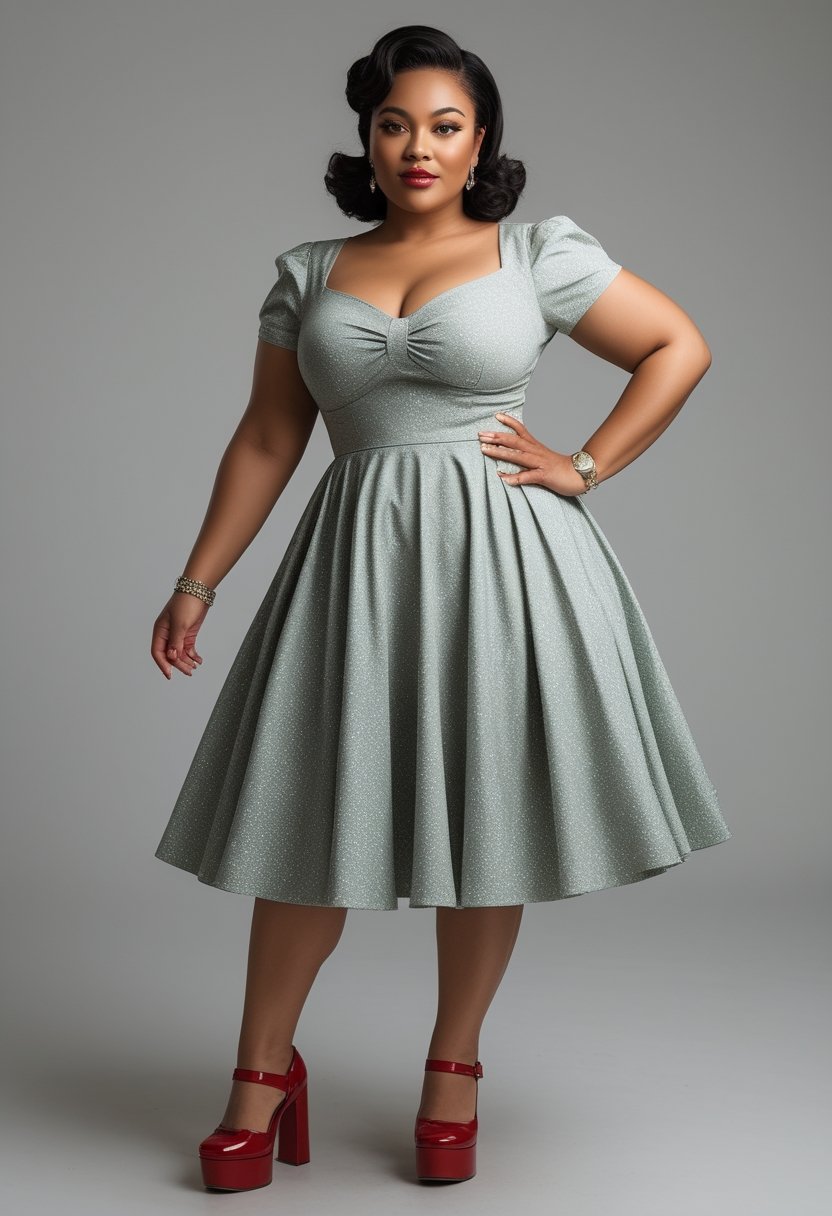 A plus-size woman poses indoors wearing a flared dress and platform heels.