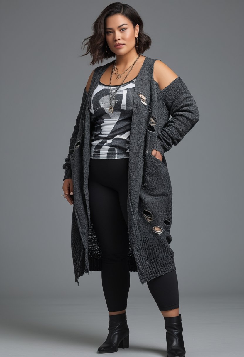 A plus-size woman wearing a distressed cardigan, graphic tank top, black leggings, and ankle boots in a studio.