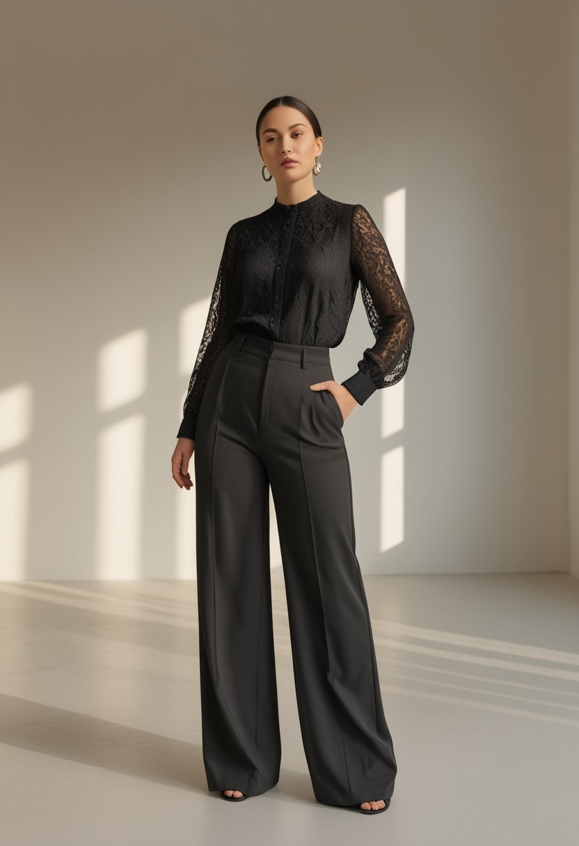 A plus-size woman wearing a black lace blouse and wide-leg trousers stands in a bright studio.