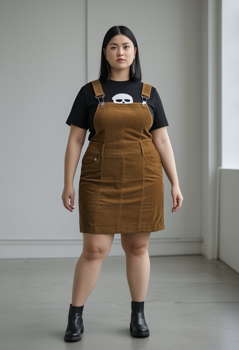 A plus-size woman wears a corduroy pinafore over a black skull-print T-shirt with ankle boots.