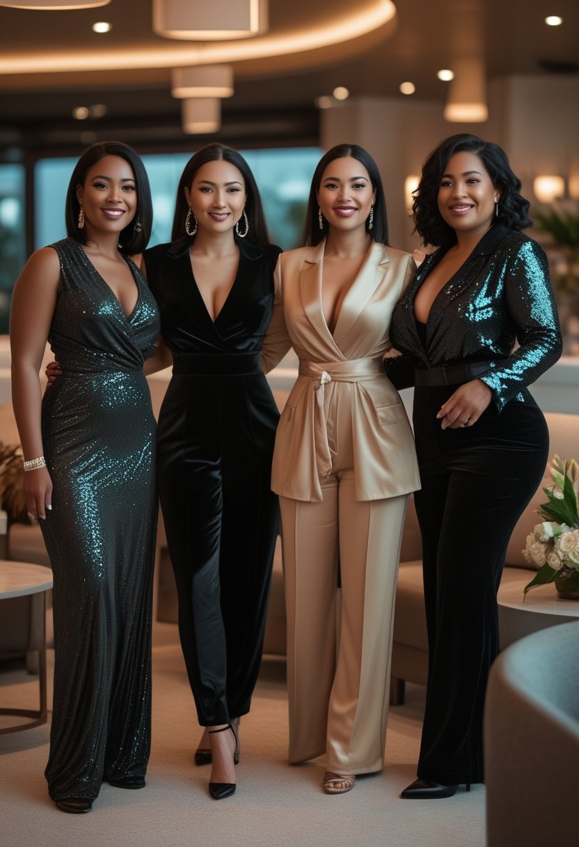 A group of plus-size women wearing elegant after-party outfits gather in a warmly lit upscale lounge.