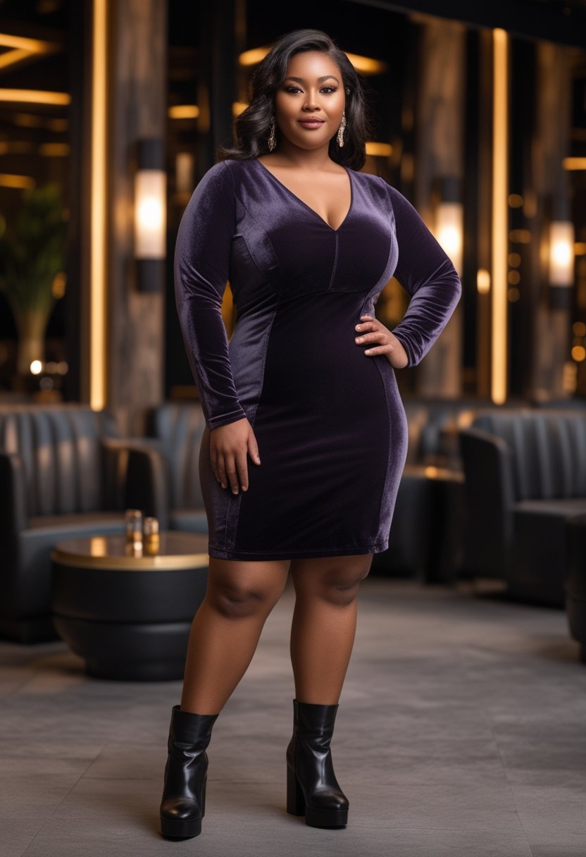 A plus-size woman wears a plum velvet mini dress and black platform boots in an elegant nighttime lounge.