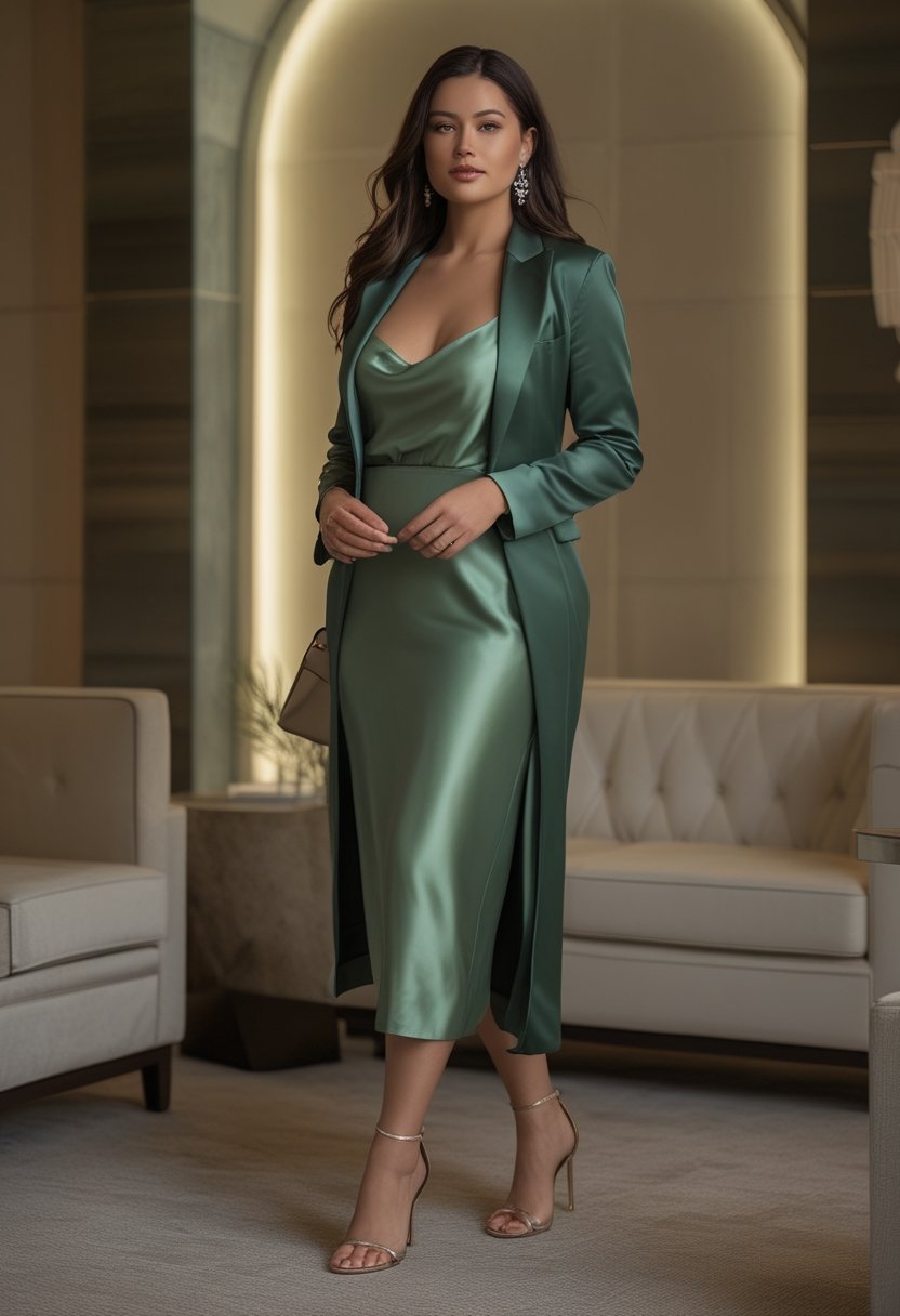 A plus-size woman wears an emerald-green satin slip dress with a cropped blazer in an elegant evening lounge.
