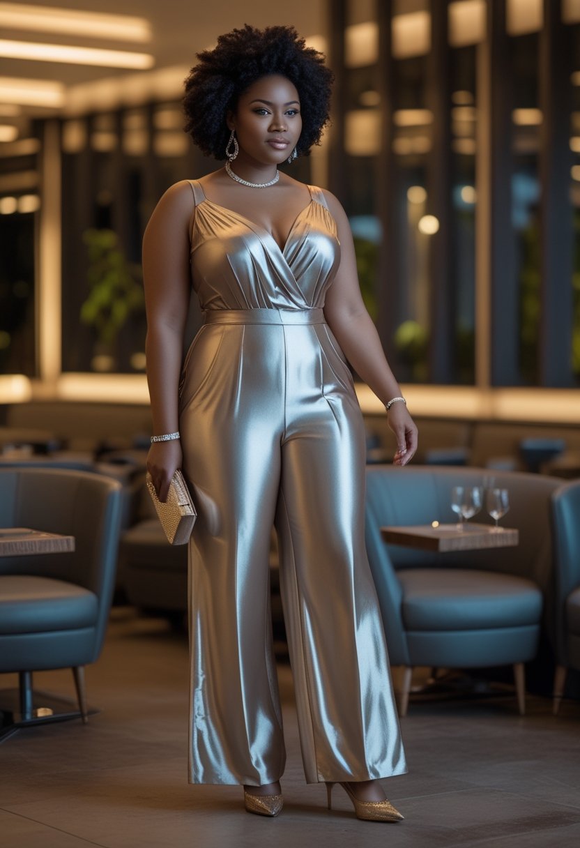 A plus-size woman wearing a metallic wide-leg jumpsuit and pointed-toe pumps in an elegant event venue.