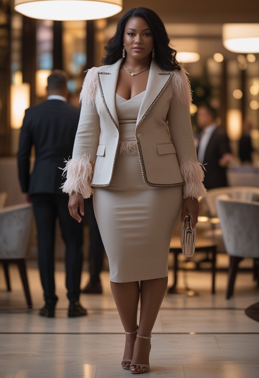 A plus-size woman wearing a feather-trimmed blazer and fitted midi skirt at an elegant evening event.