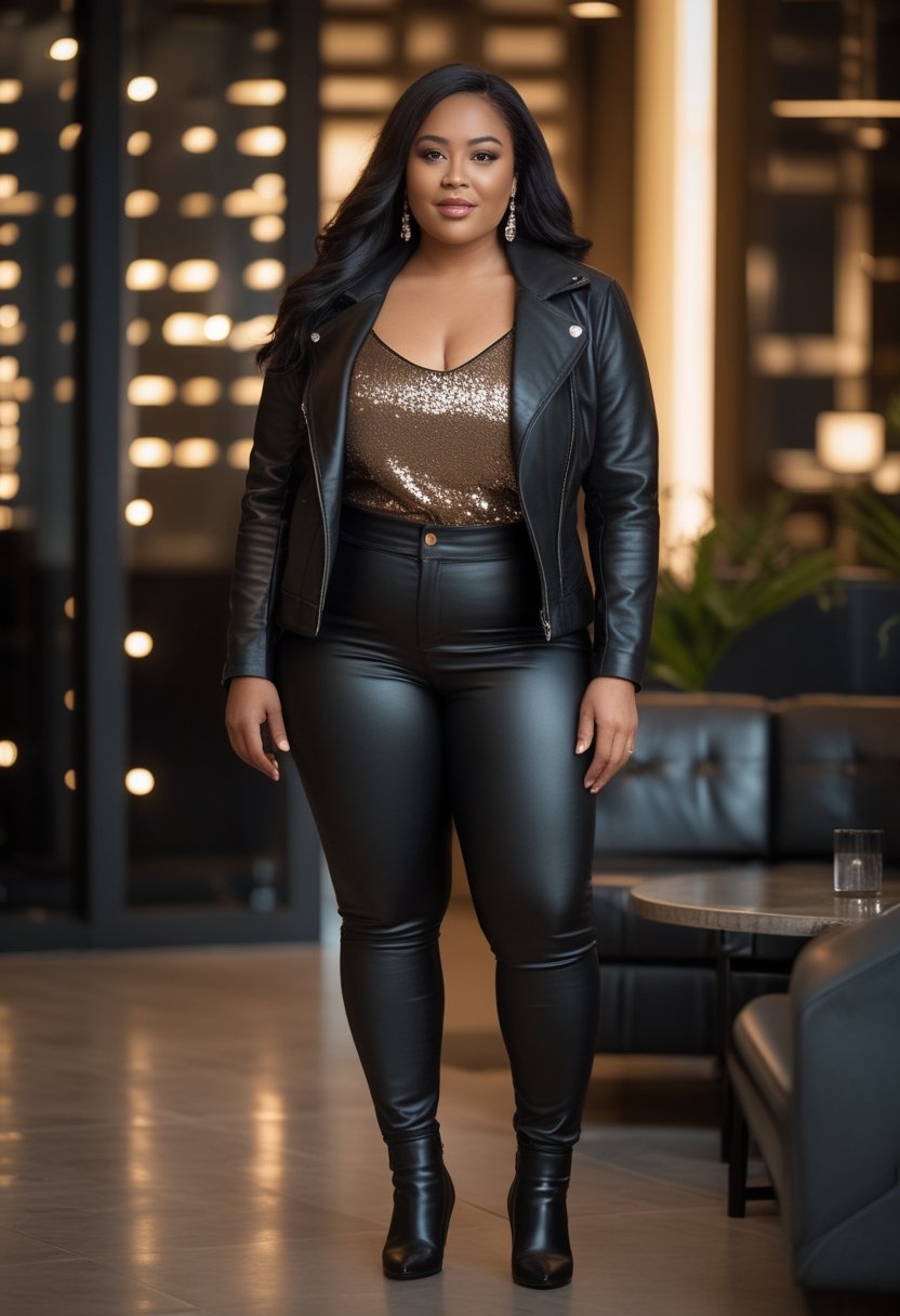 A plus-size woman wears black leggings, a sequin camisole, and a moto jacket in an elegant evening setting.