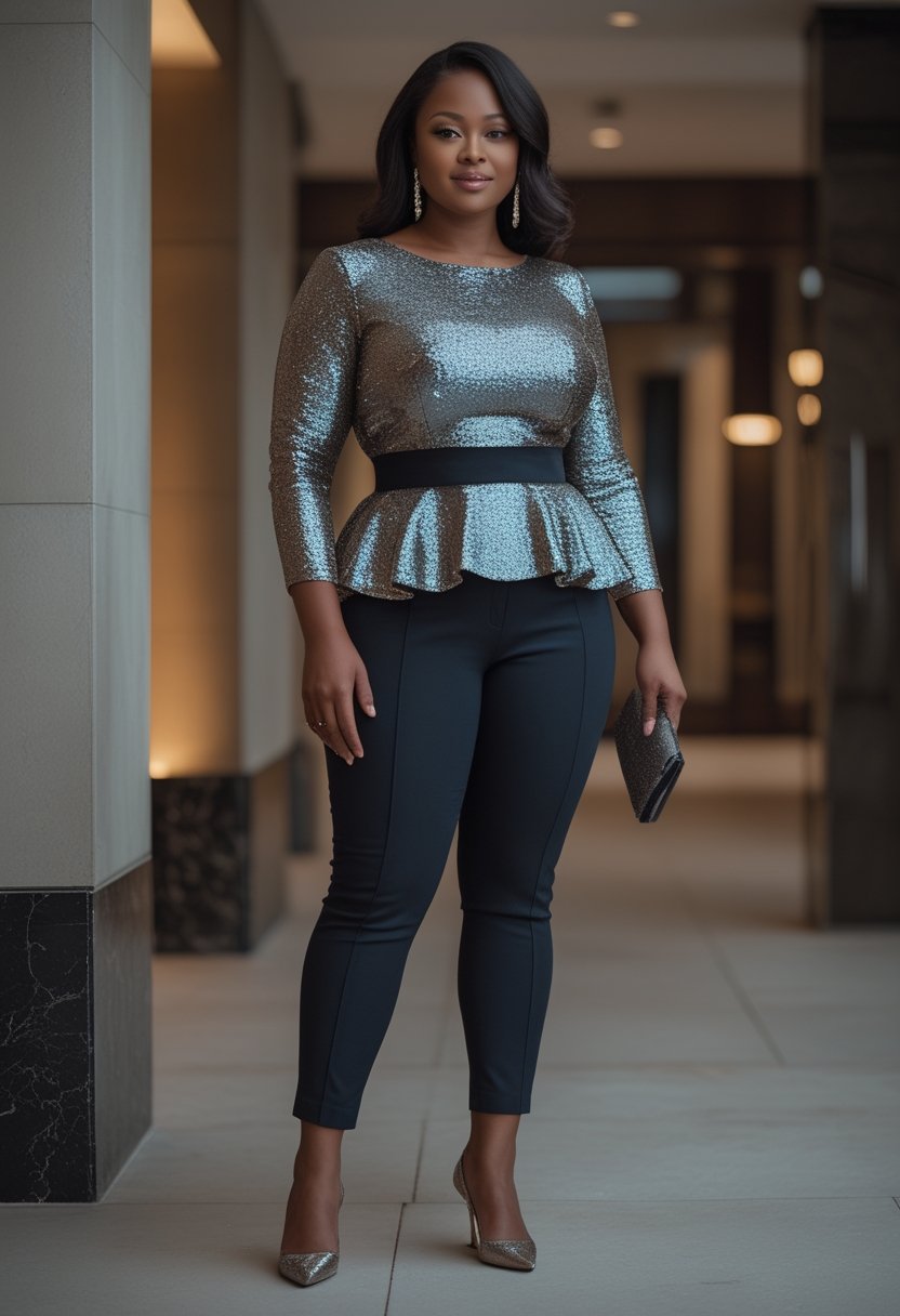 A curvy woman wears a sparkly peplum top, tailored cigarette pants, heels, and carries a clutch at an elegant evening event.