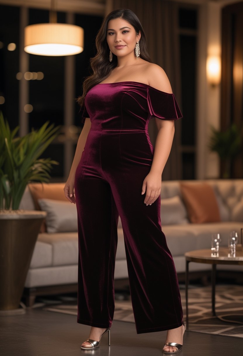 A plus-size woman wearing a velvet off-the-shoulder jumpsuit and metallic heels in an elegant evening setting.
