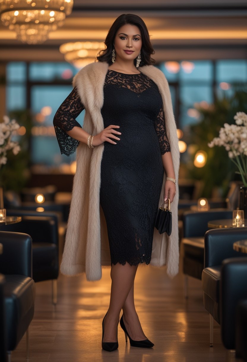 A curvy woman in a black lace midi dress and faux-fur stole stands in an elegant evening setting.