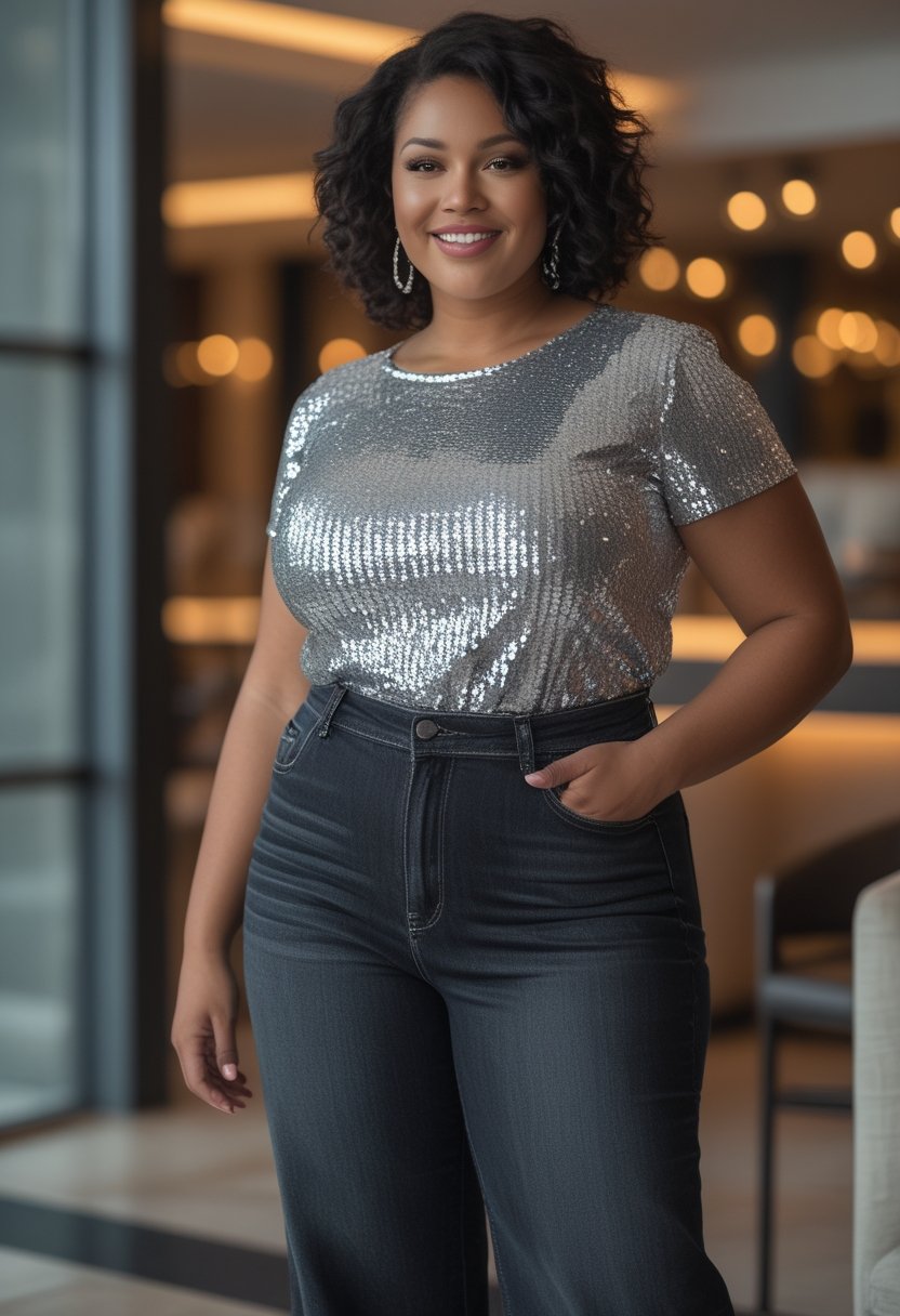 A plus-size woman wearing a silver sequin top and dark-wash wide-leg jeans in an elegant evening setting.