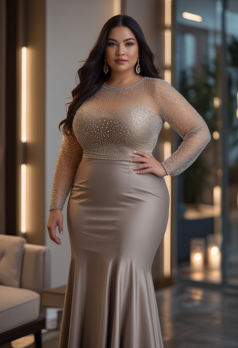 A plus-size woman wears a sparkling mesh top over a sleek column dress in an elegant lounge.