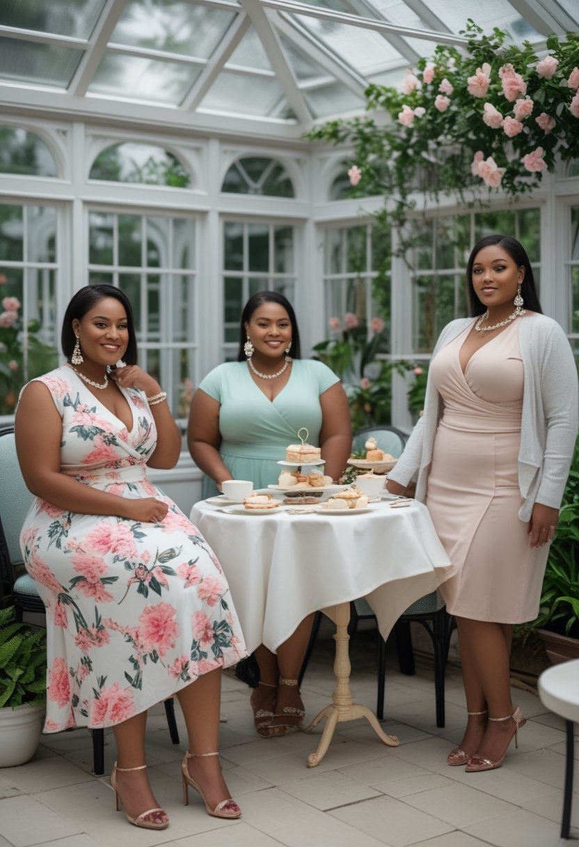 Three plus-size women in stylish outfits enjoy afternoon tea around a decorated table.