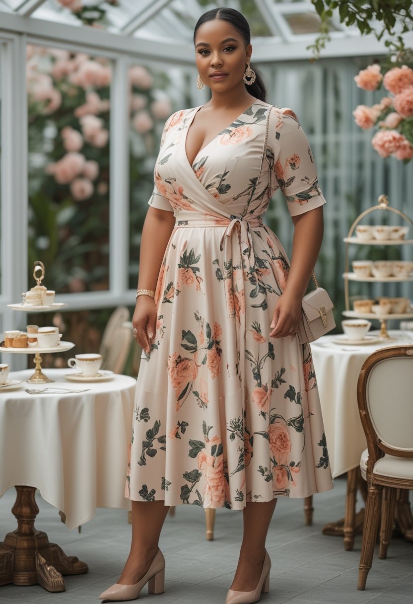 A plus-size woman in a floral wrap midi dress and block heels stands beside an afternoon tea table.