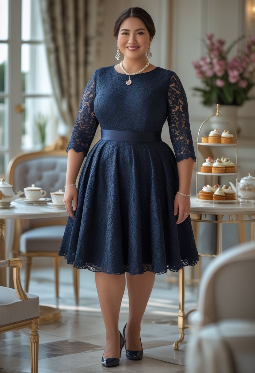 A plus-size woman in a lace-sleeve fit-and-flare dress enjoys afternoon tea at an elegant table.