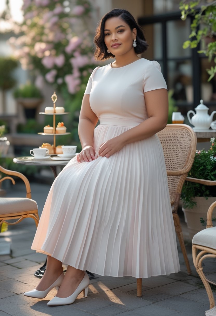 A plus-size woman in a pastel pleated midi dress enjoys afternoon tea in a garden setting.