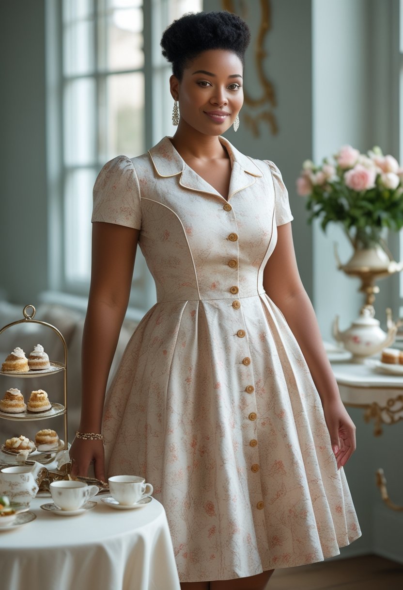 A plus-size woman in a vintage-inspired tea dress stands beside a table set for afternoon tea.