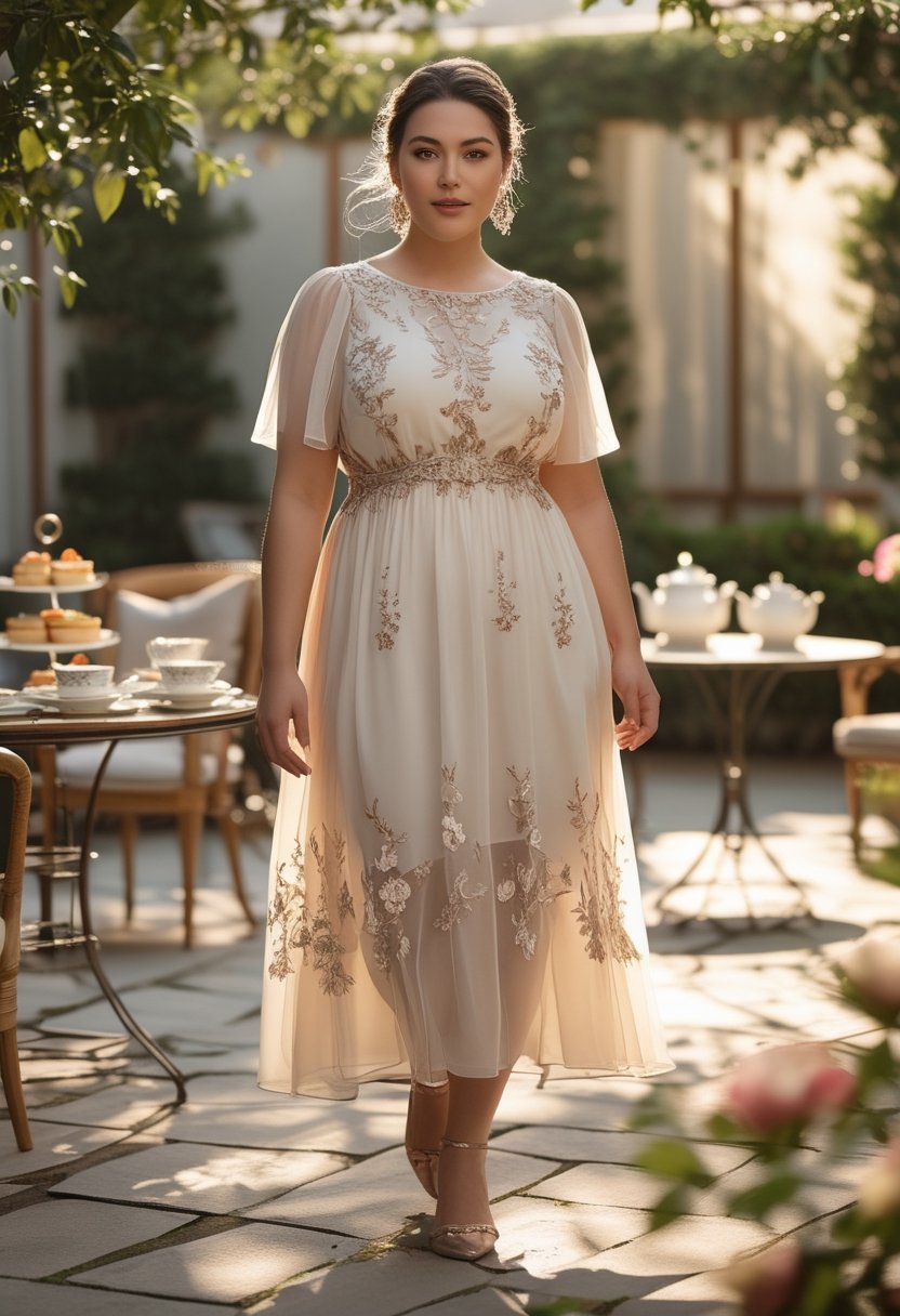 A plus-size woman in an embroidered chiffon midi dress stands beside an afternoon tea table in a flower-filled garden.