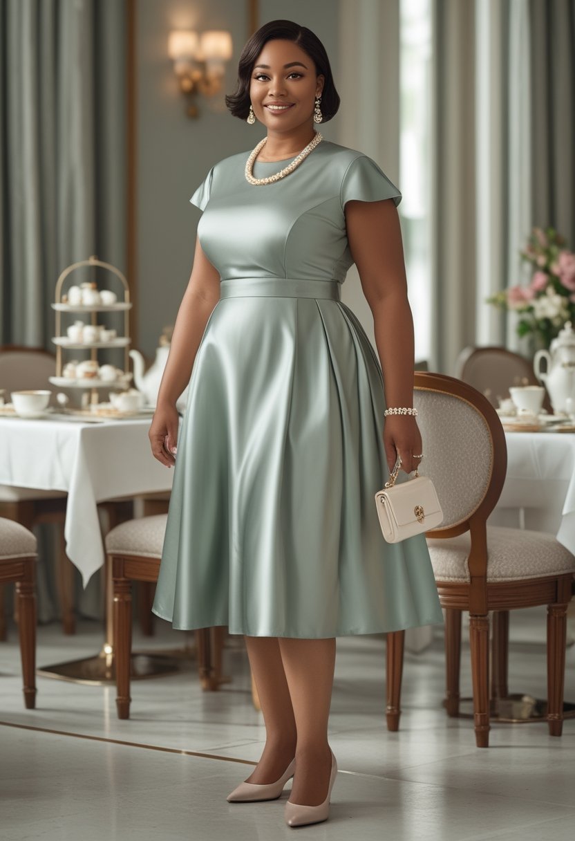 A curvy woman in a satin A-line dress and pearl jewelry stands beside a table set for afternoon tea.