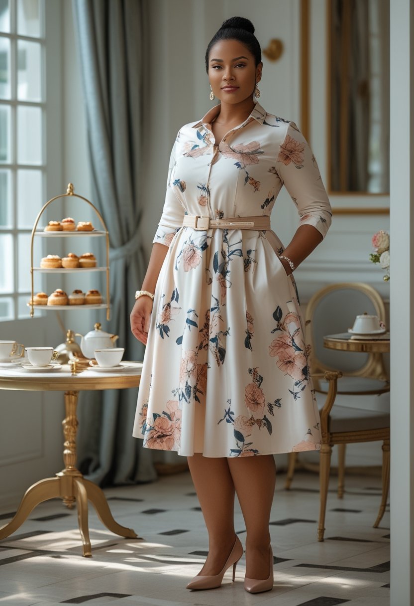 A plus-size woman in a belted floral shirt dress enjoys afternoon tea at an elegant table.