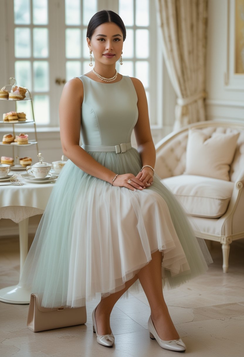 A plus-size woman in a tea-length tulle dress and ballet flats enjoys afternoon tea at an elegant table.