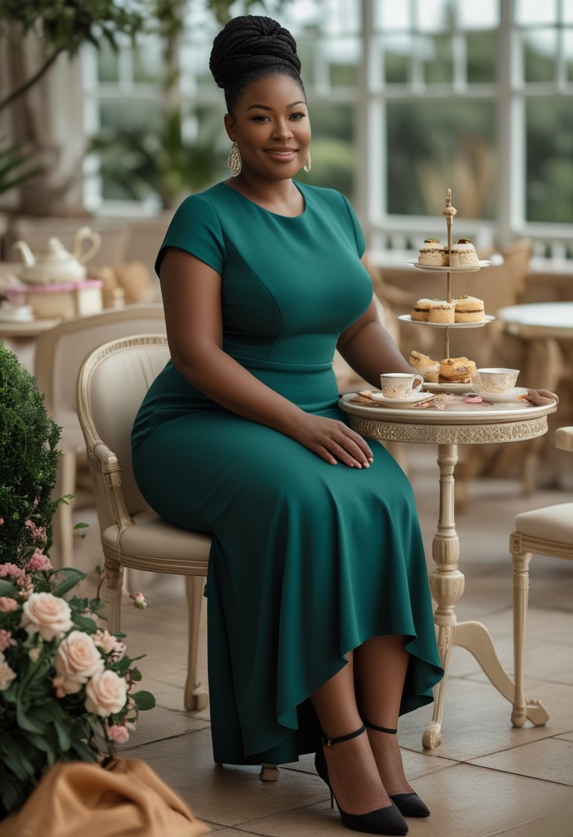 A plus-size woman in a midi dress enjoys afternoon tea at an elegant outdoor table.