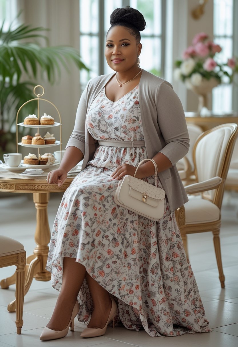 A plus-size woman wearing a printed maxi dress and cropped cardigan enjoys afternoon tea at an elegant table.