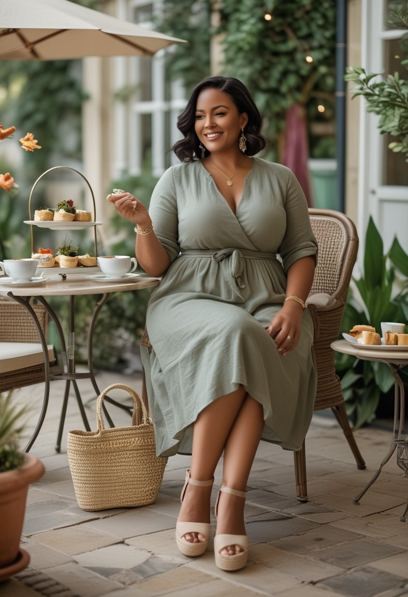 A plus-size woman in a sage midi dress enjoys afternoon tea on a garden terrace.