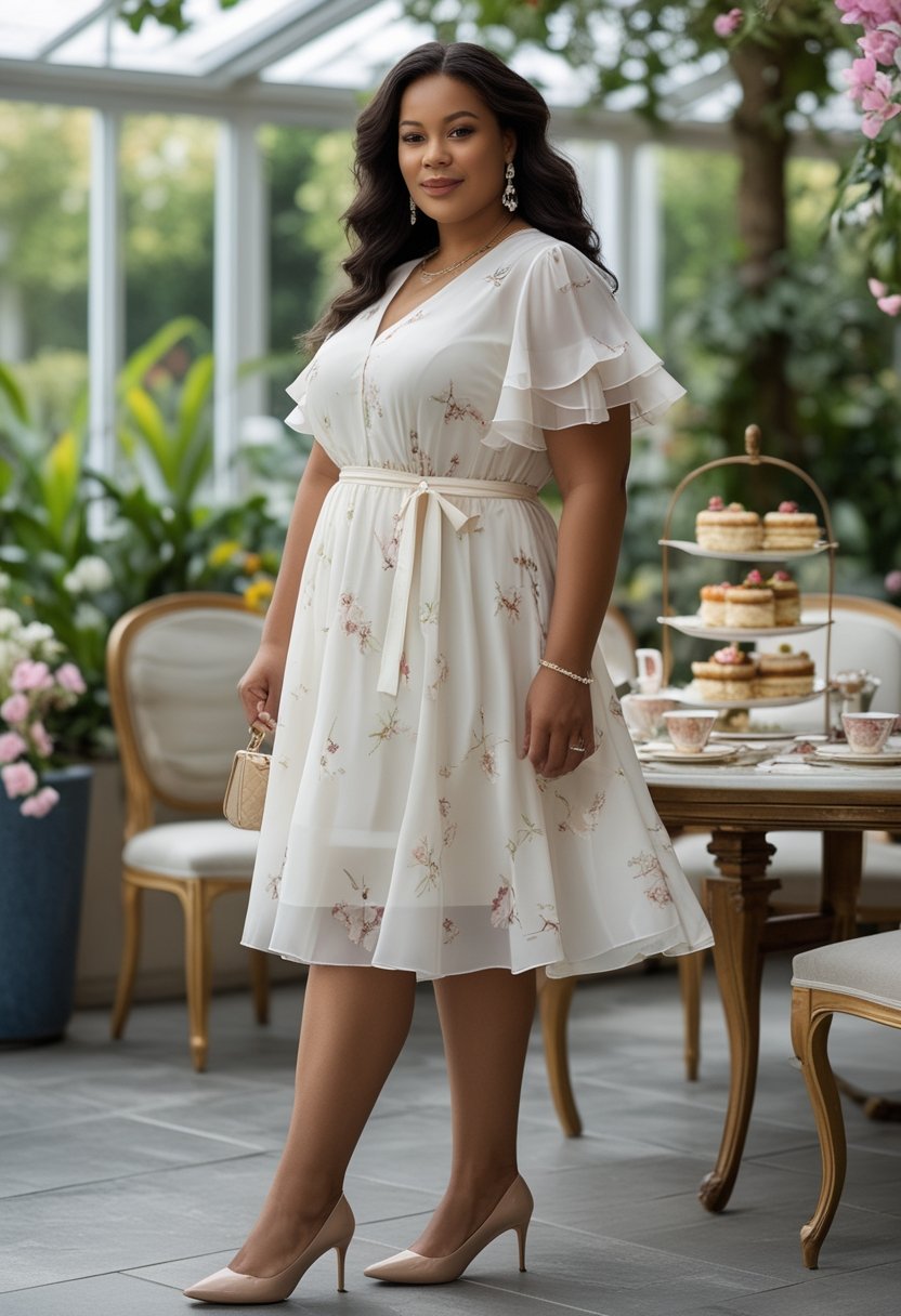 A plus-size woman in a flowing flutter-sleeve dress stands beside an afternoon tea table in a bright conservatory.