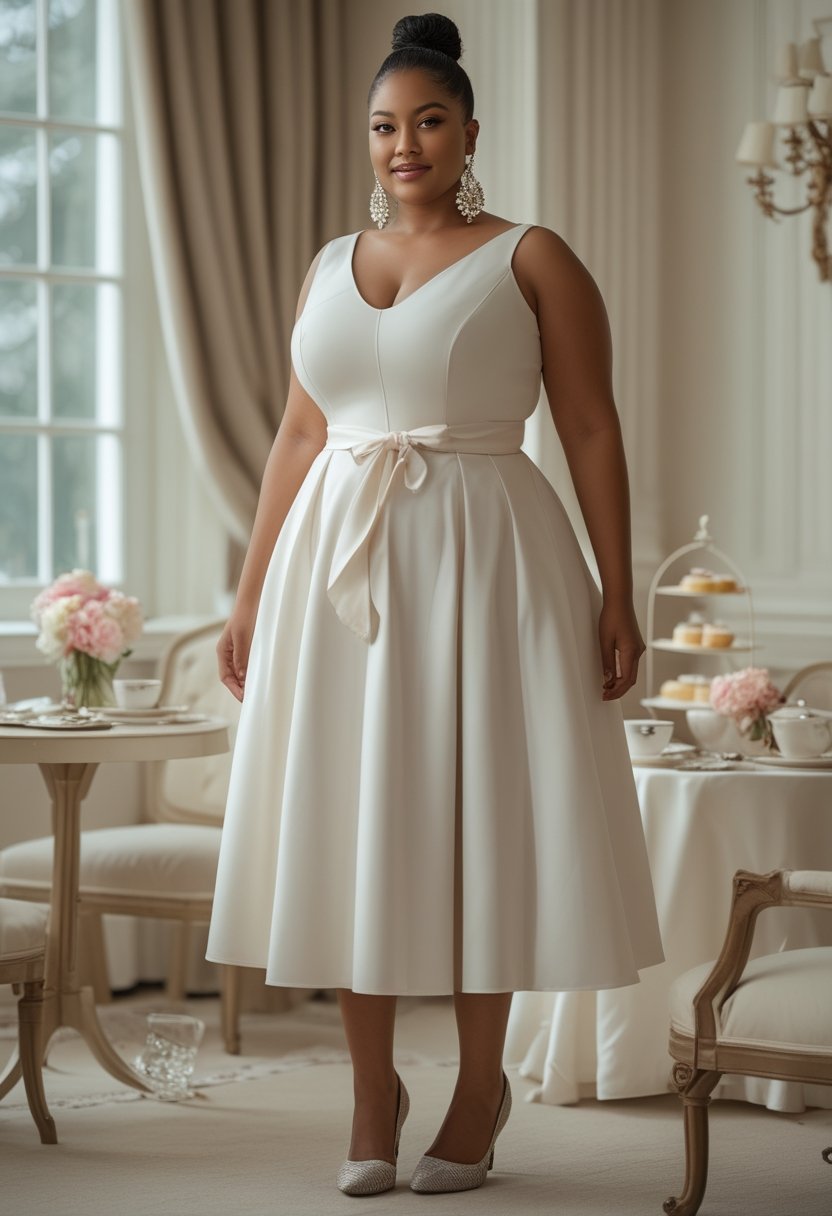 A plus-size woman in a monochrome midi dress and statement earrings stands in an elegant afternoon tea setting.