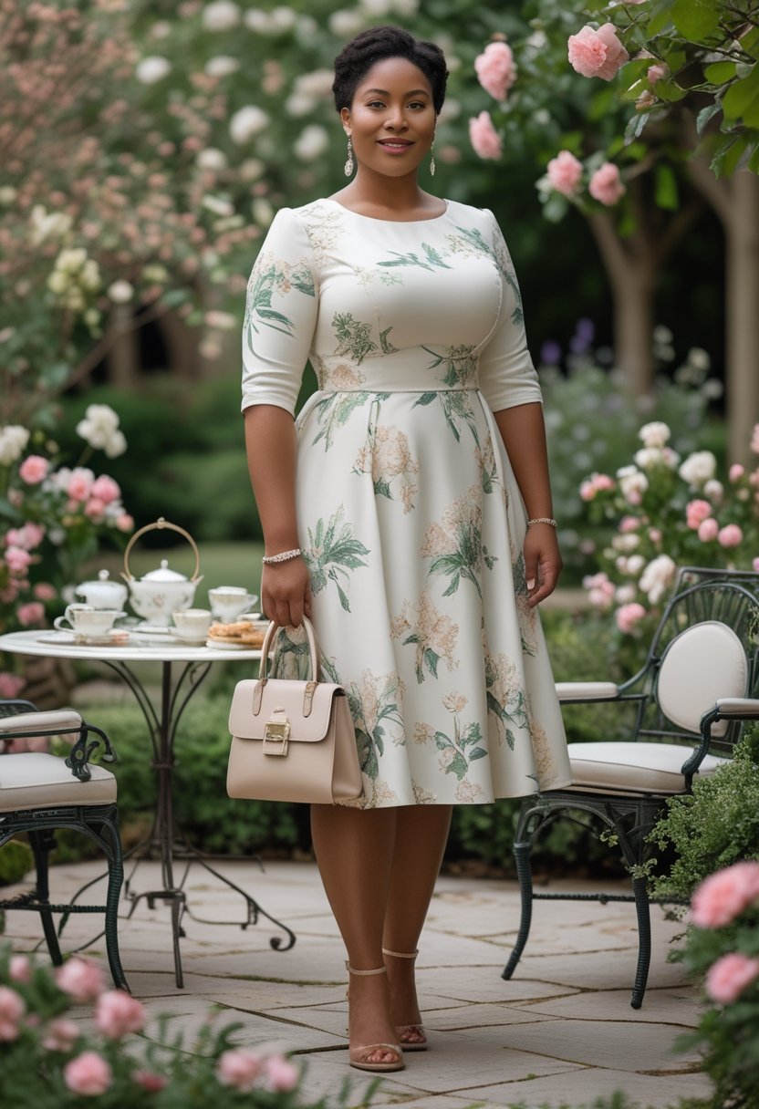 A plus-size woman in a floral tea-length dress stands beside a garden afternoon tea table holding a structured handbag.