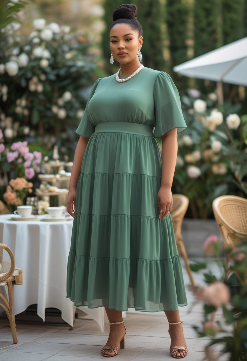A plus-size woman in a flowing tiered midi dress enjoys afternoon tea in an elegant garden setting.