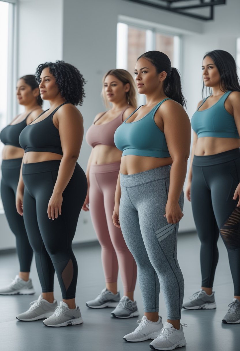 A diverse group of plus-size women wearing colorful activewear during a workout in a bright fitness studio.