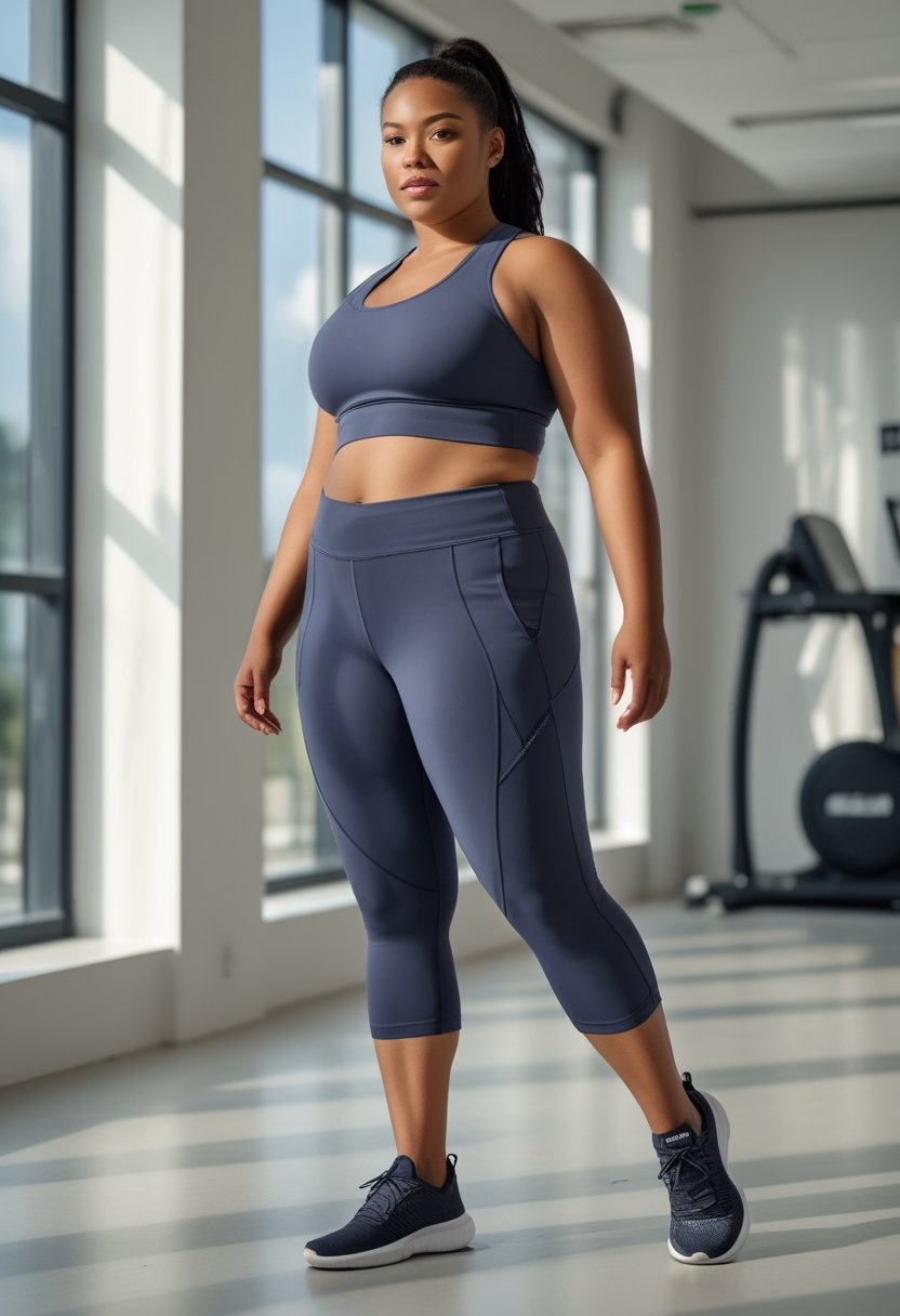 A plus-size woman wearing black capri athletic pants stands in a bright fitness studio.