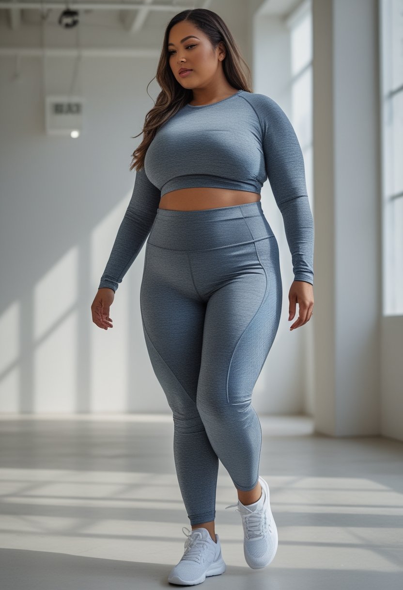 A confident plus-size woman wearing high-rise athletic leggings poses in a bright fitness studio.