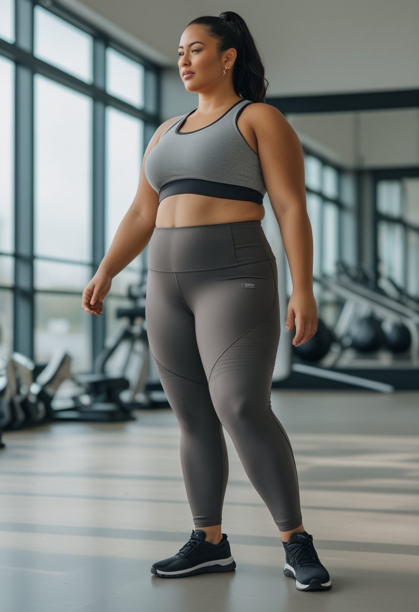 A confident plus-size woman wearing dark workout leggings stretches in a bright modern fitness studio.