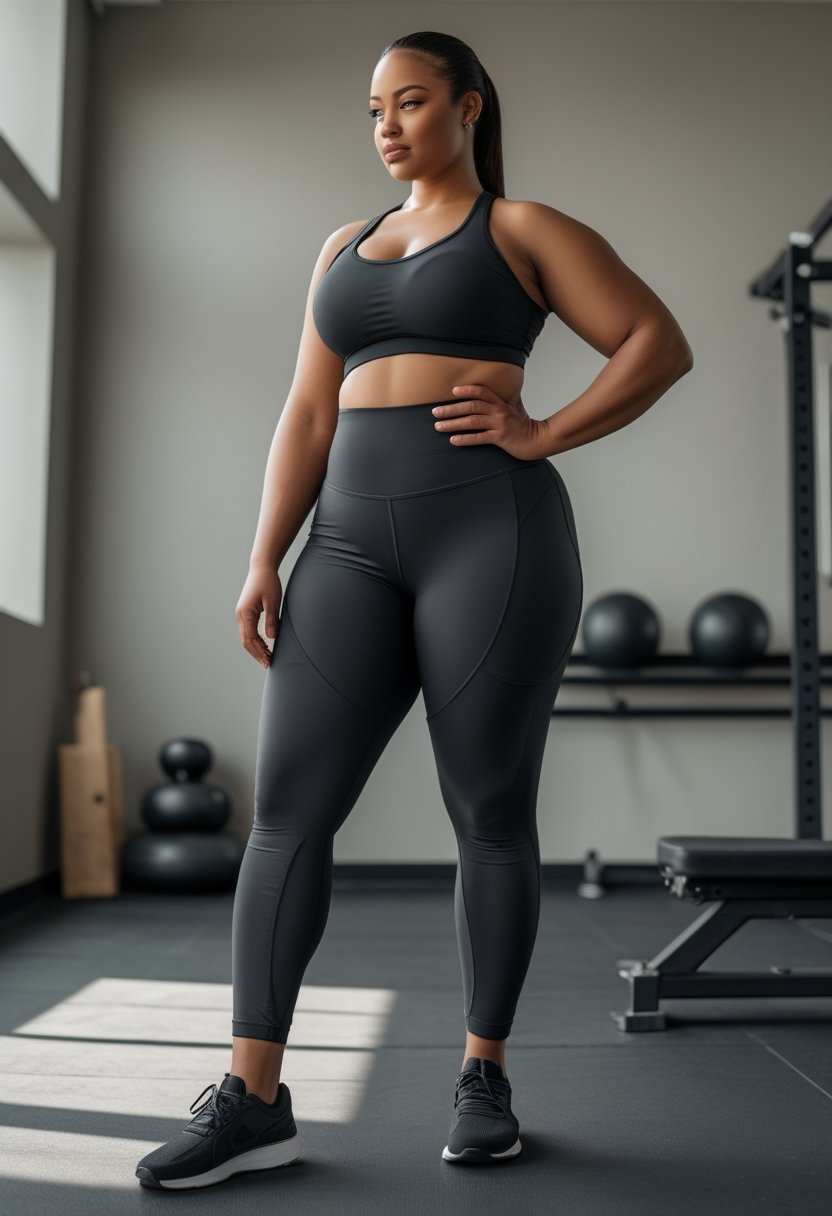 A plus-size woman wearing black training tights stands confidently in a bright modern fitness studio.