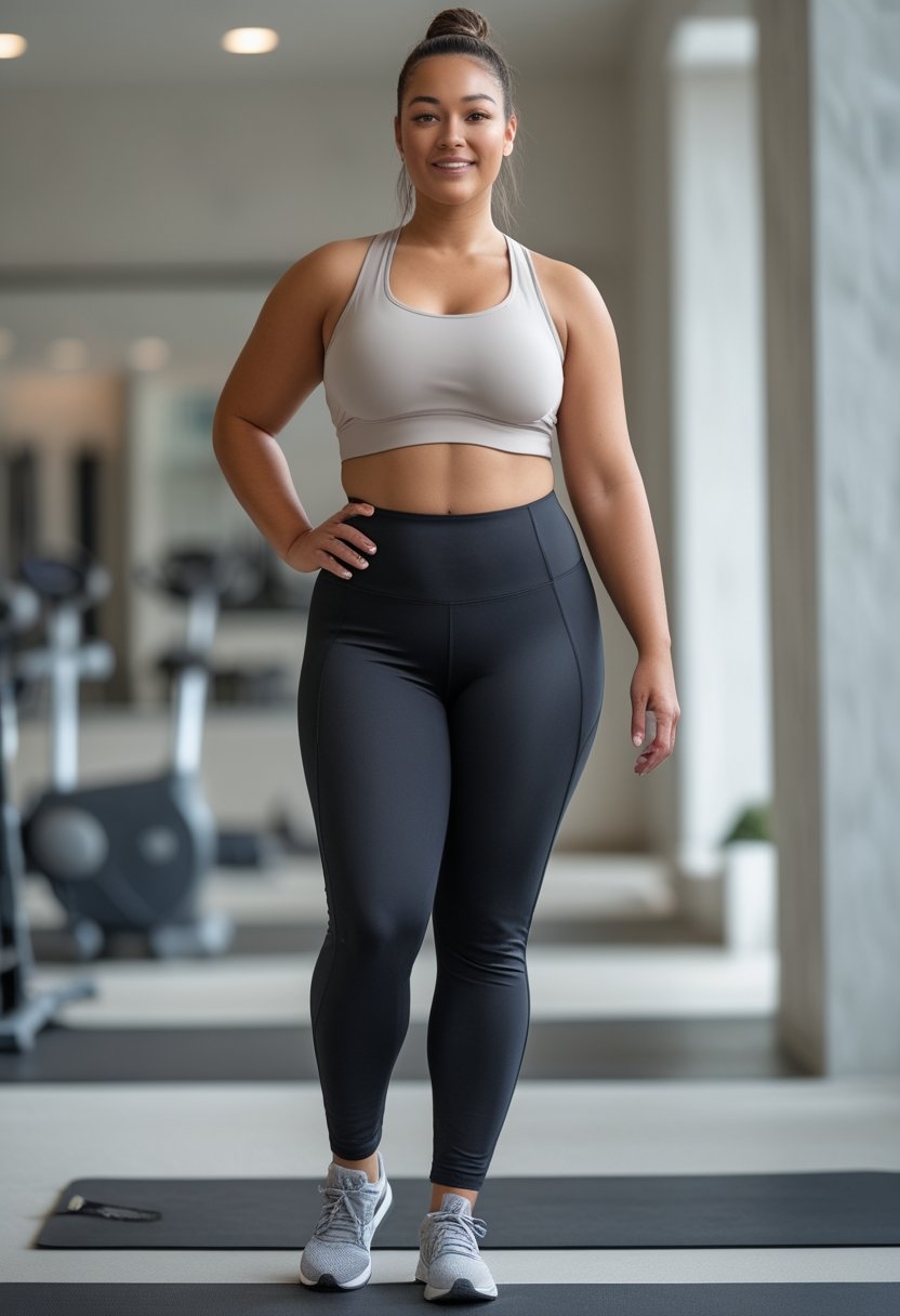 A curvy woman wearing black athletic leggings stands confidently in a bright fitness studio.