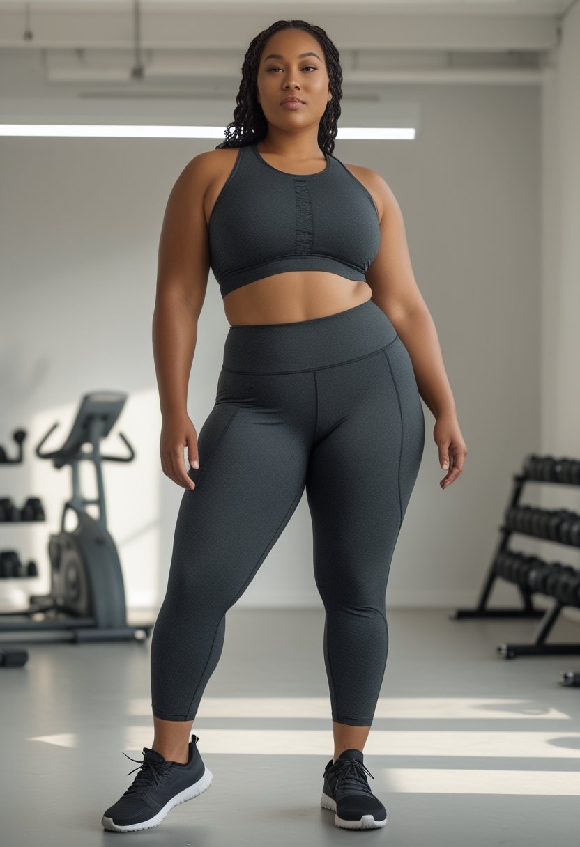 A plus-size woman wearing high-rise black leggings stands confidently in a bright fitness studio.