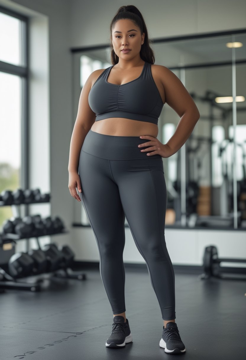 A plus-size woman wearing full-length black athletic leggings stands in a bright fitness studio.