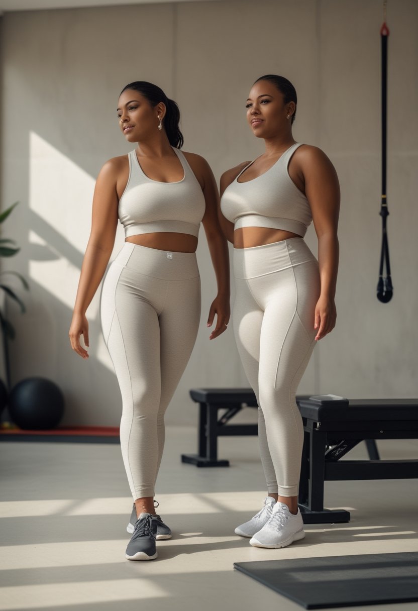 Two plus-size women wearing neutral leggings stand together in a modern fitness studio.
