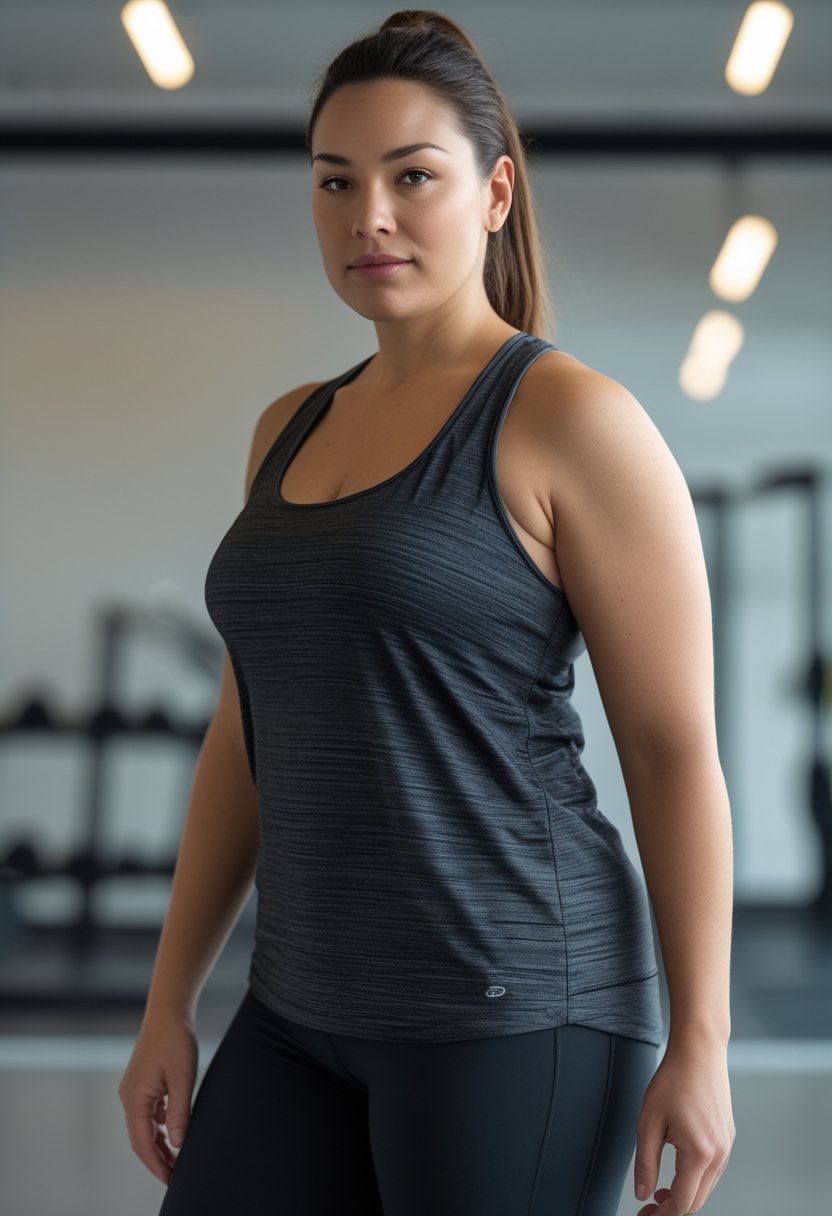 A confident plus-size woman wearing a sleeveless athletic tank top stands in a bright modern fitness studio.