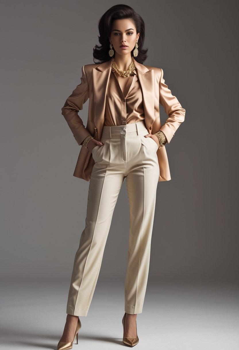 A stylish woman wearing a glamorous 1980s-inspired outfit poses in a studio.