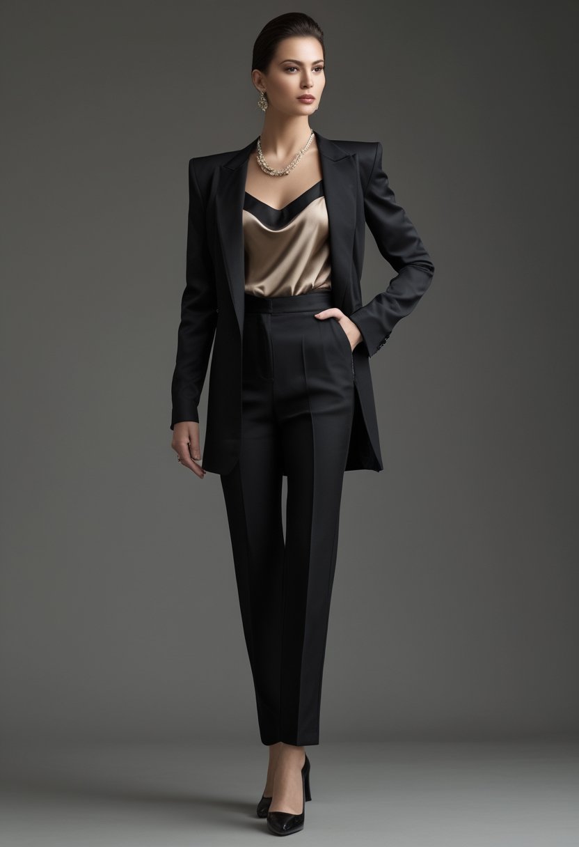 A woman poses in a black blazer, silk camisole, and tapered trousers.