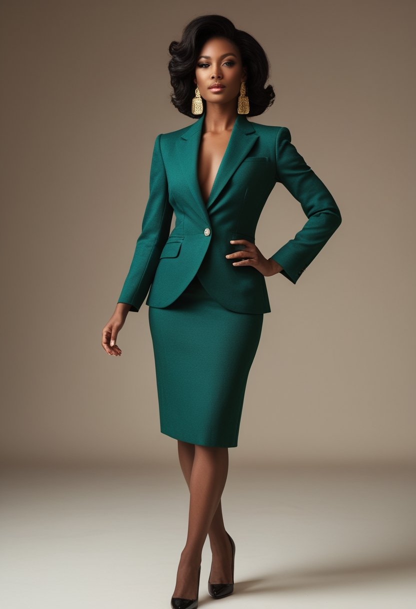 A woman wearing a jewel-tone skirt suit and oversized gold earrings poses in a studio.