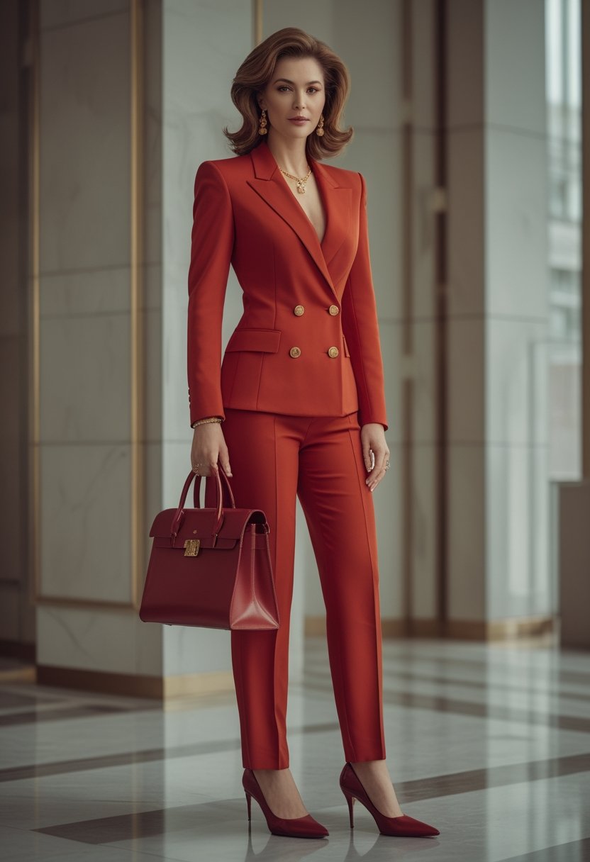 A woman in a red power suit stands in an upscale interior holding a structured handbag and wearing pointed pumps.