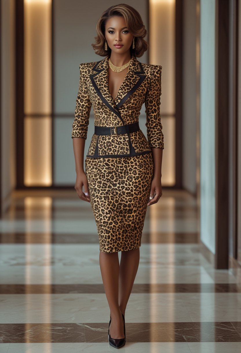 A woman wears a leopard-print pencil skirt and structured shoulder-padded blazer in an elegant interior.